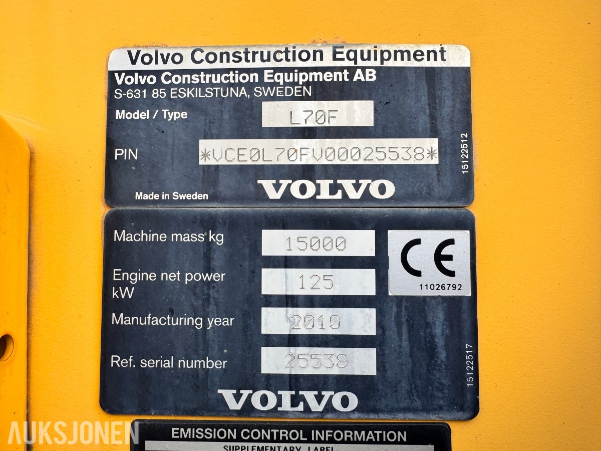 2010 Volvo L70F Hjullaster, 6694 t, skuffe, BM-feste, sentralsmøring