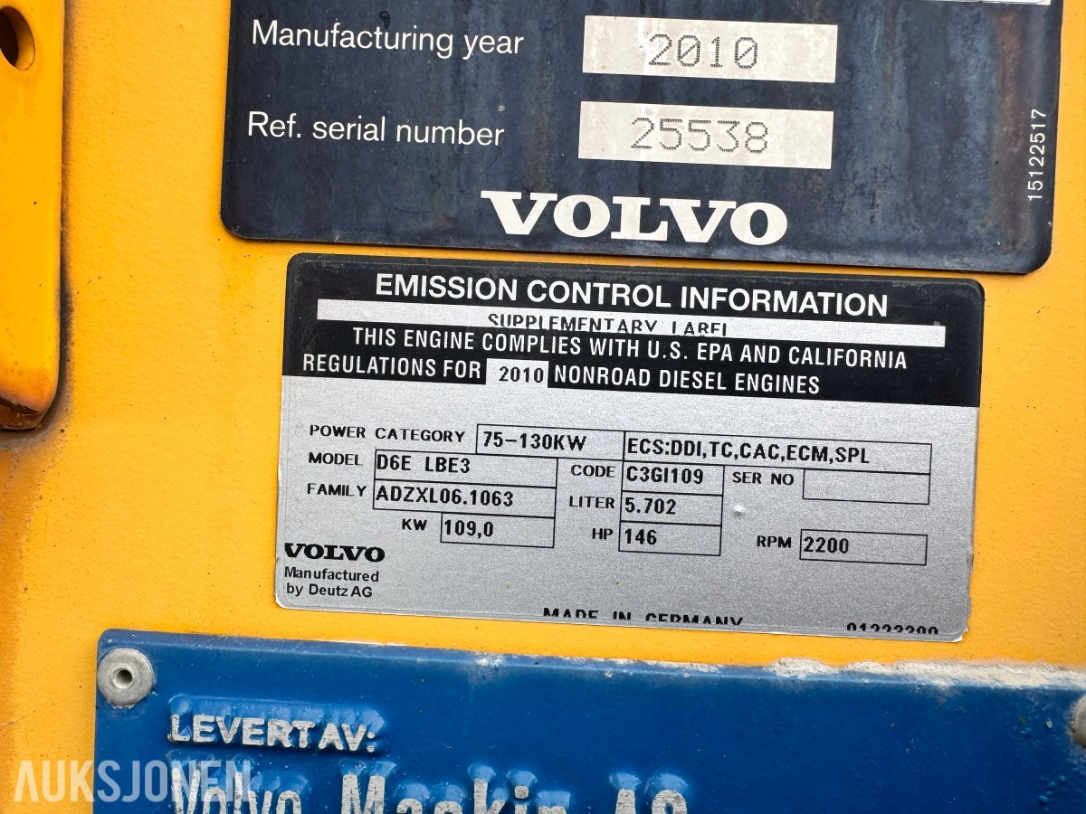2010 Volvo L70F Hjullaster, 6694 t, skuffe, BM-feste, sentralsmøring