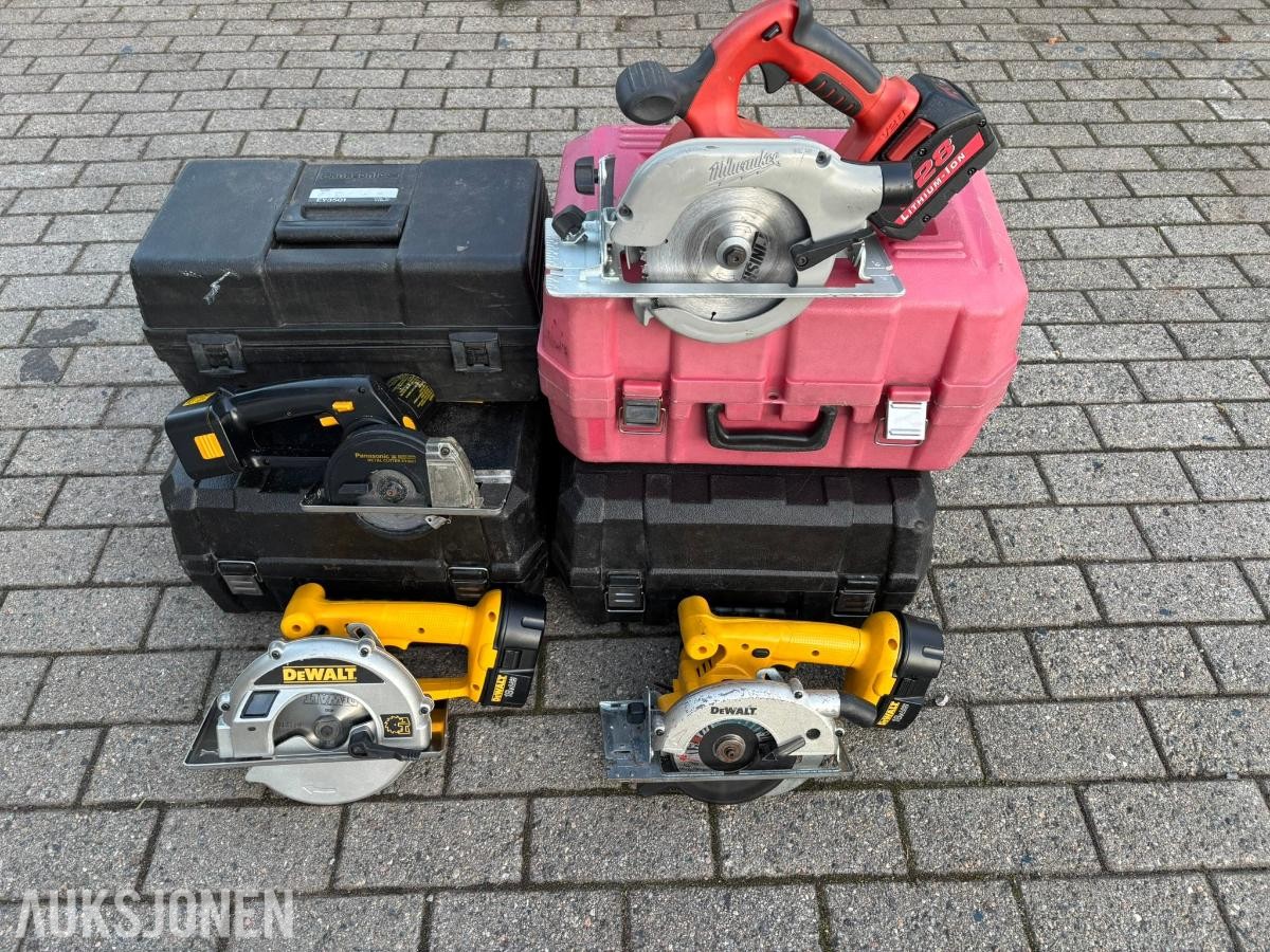 4 stk. batteridrevne sirkelsager -  DeWalt, Milwaukee og Panasonic brukt/utestet