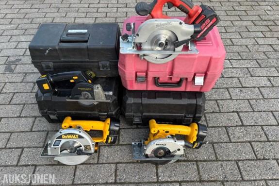4 stk. batteridrevne sirkelsager - DeWalt, Milwaukee og Panasonic brukt/utestet