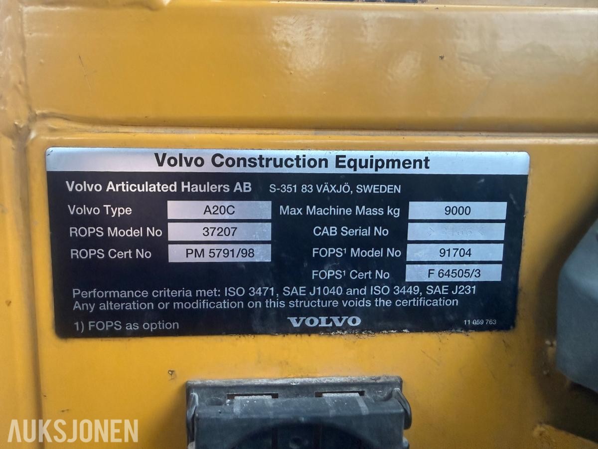 1999 Volvo A20C Dumper – 15 612 timer