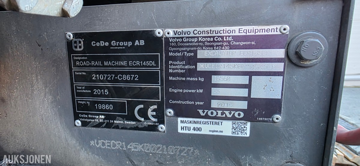 2015 Volvo ECR145DL Jernbane Maskin – 4 586 timer