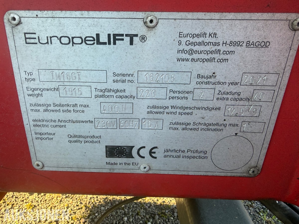 2021 EuropeLift TM16GT tilhengerlift, 16 m arbeidshøyde, 486 t