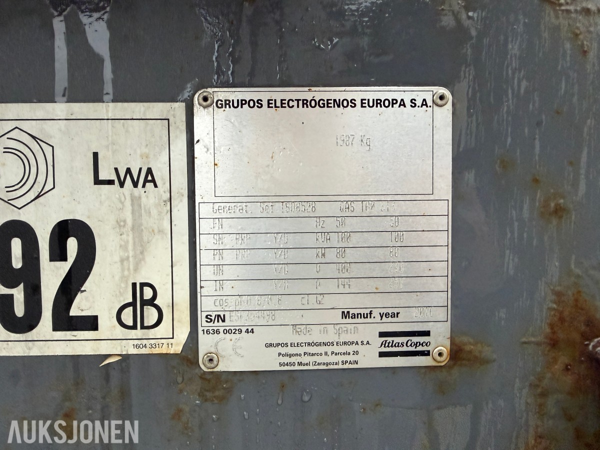 2016 Atlas Copco QAS 100 Strømaggregat – 100 KVA