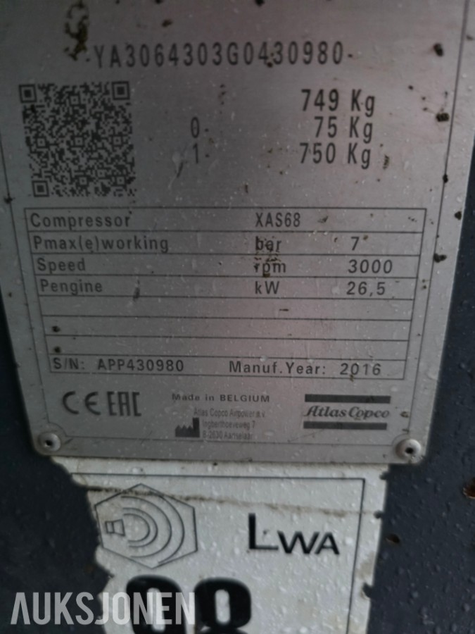 2016 Atlas Copco XAS 68 transportabel dieselkompressor