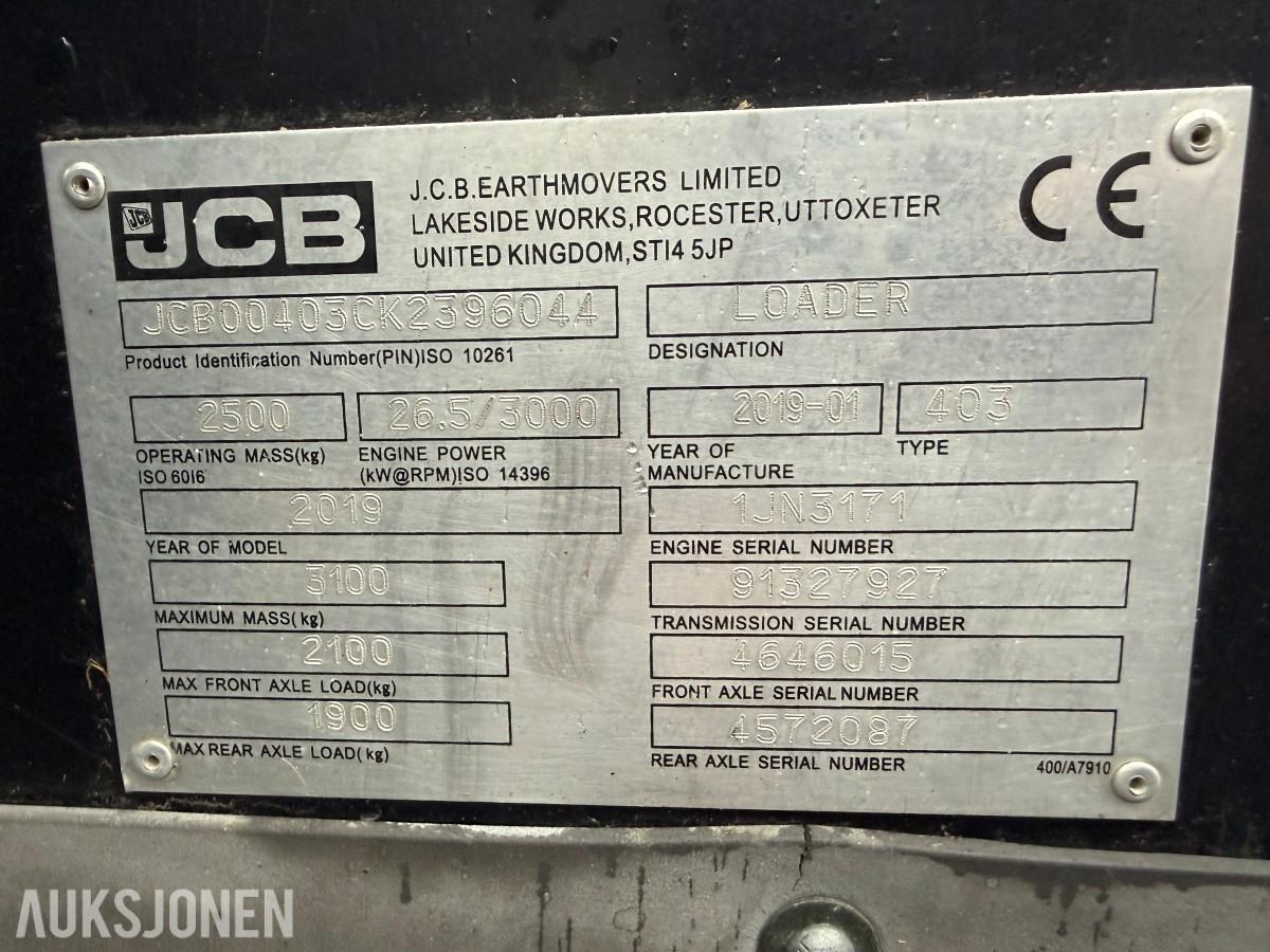 2019 JCB 403 Hjullaster m/Skuffe og pallegaffel-Kun 1487 Timer