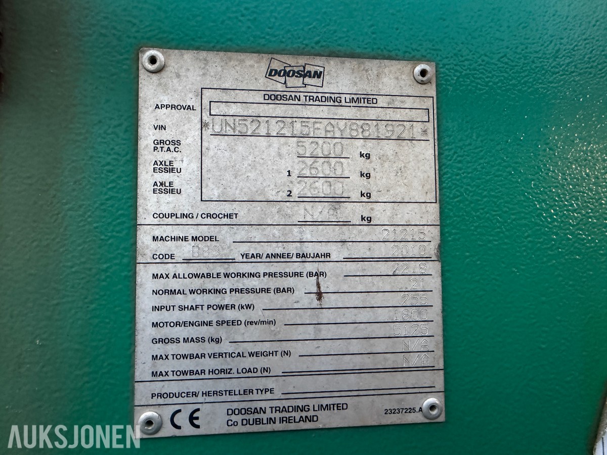 2010 Doosan / Ingersoll Rand 21/215 mobil dieselkompressor – dele-/reparasjonsobjekt