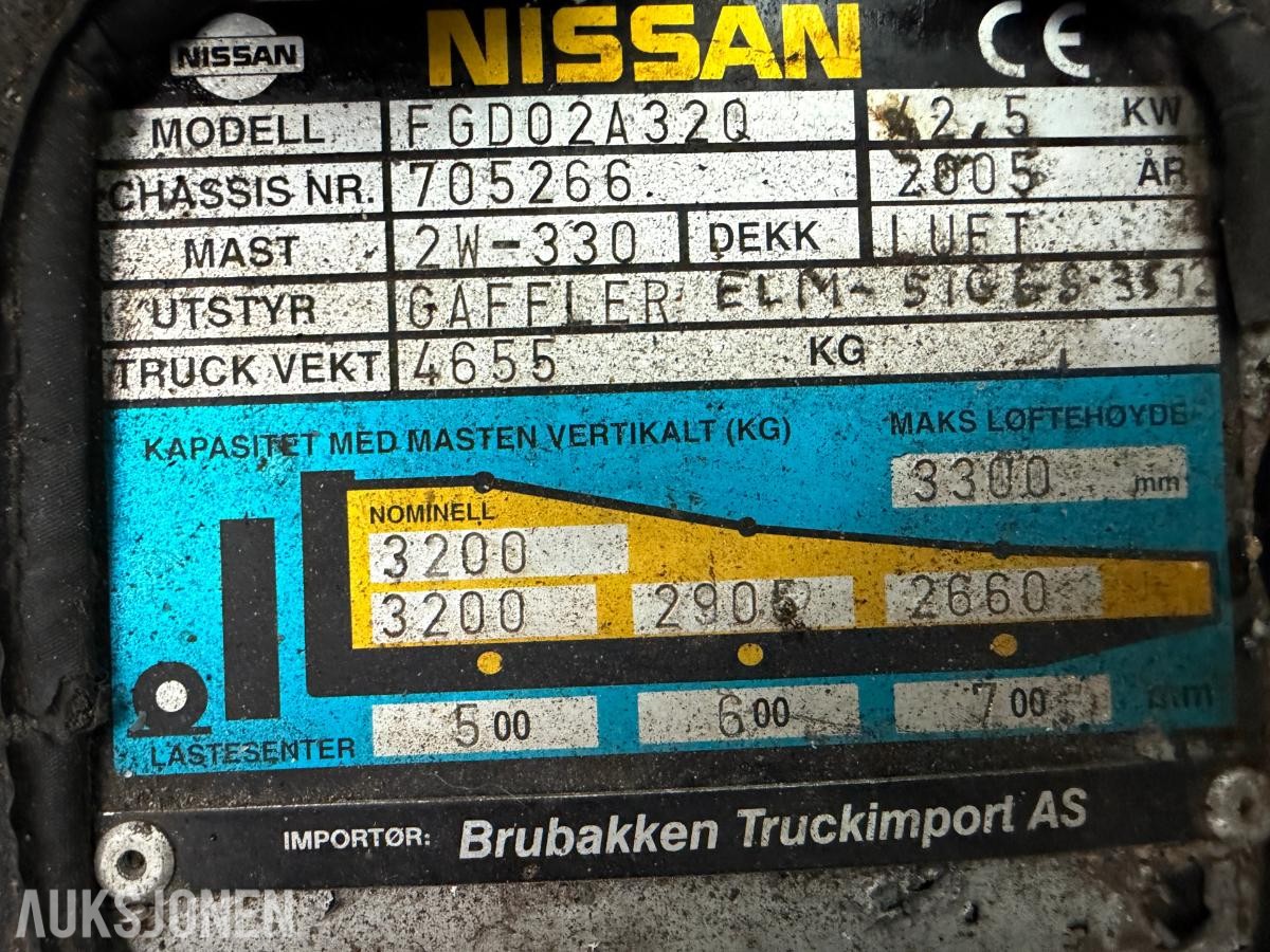 2005 Nissan FGD02A320 Gaffeltruck, 3200 kg, reparasjonsobjekt