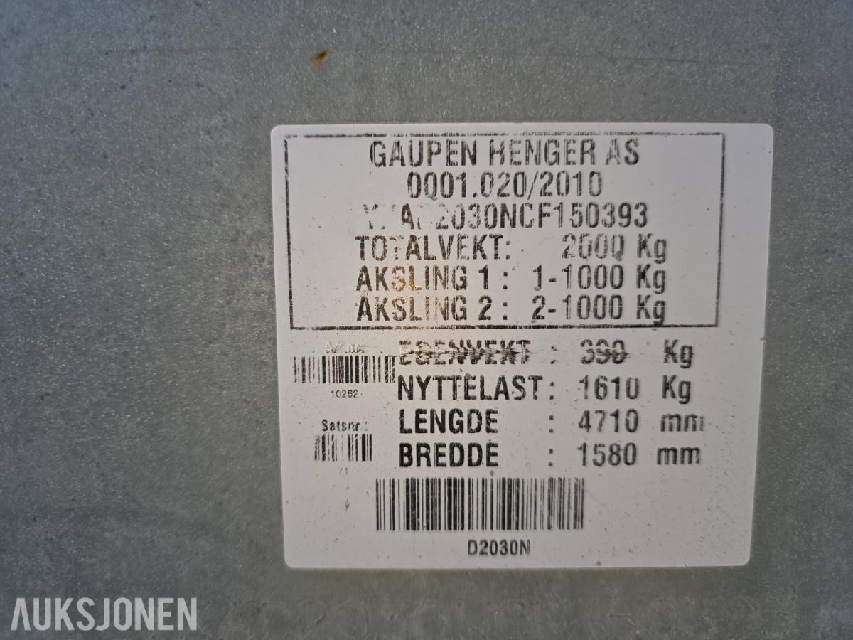 2012 GAUPEN D2030N tilhenger – 2 000 kg – høye snekrede grinder