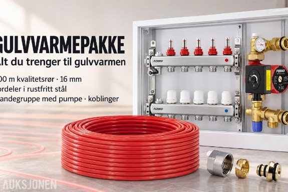 Gulvvarmepakke – 600 m PE-Xa-rør  8-kurs fordeler - Shunt med pumpe - Skap