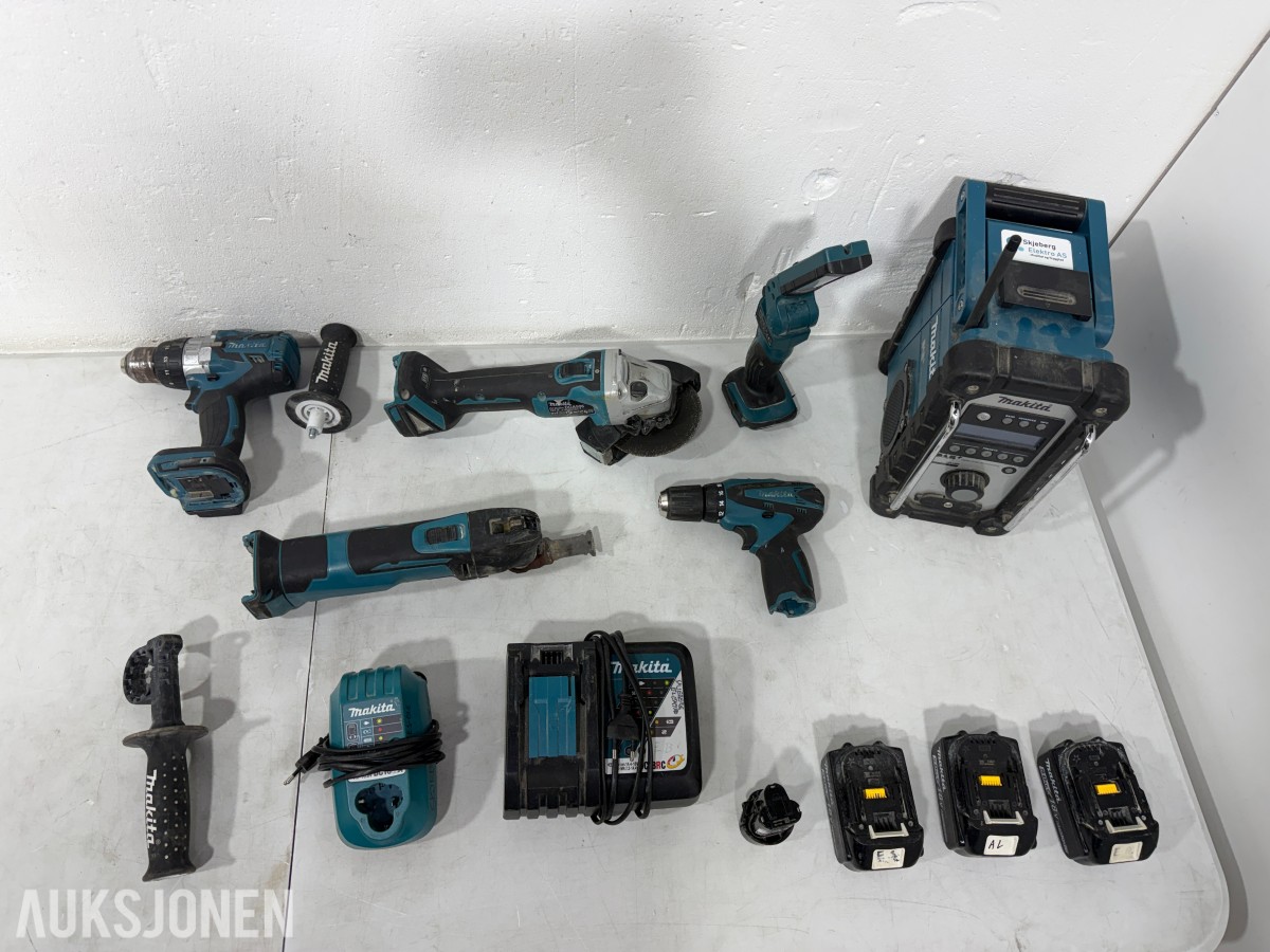 Makita verktøypakke med 5 maskiner, radio, lykt, batterier og lader