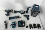 Makita verktøypakke med 5 maskiner, radio, lykt, batterier og lader