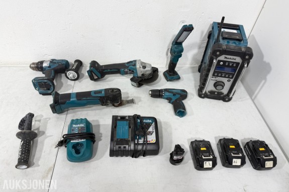 Makita verktøypakke med 5 maskiner, radio, lykt, batterier og lader