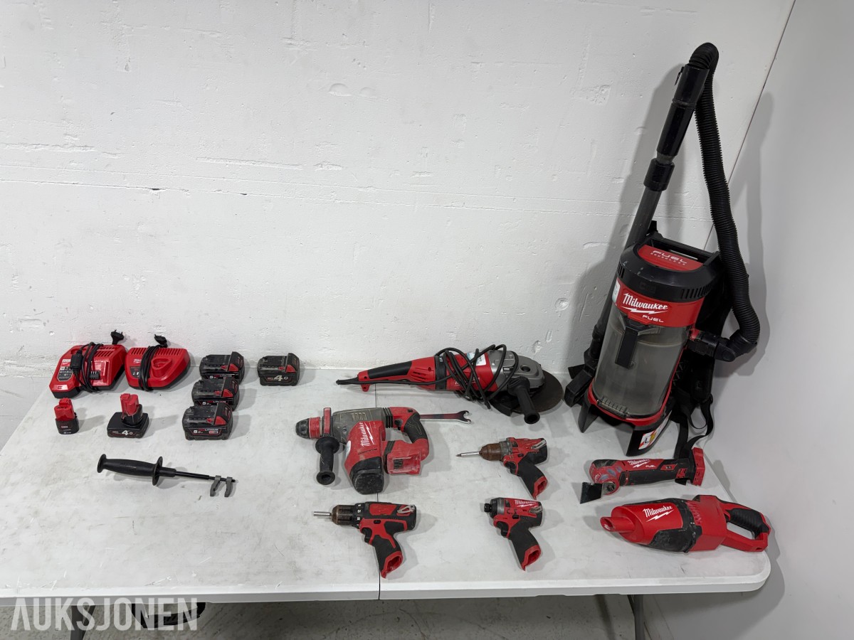 Parti Milwaukee M18/M12 elektroverktøy, støvsugere, batterier og ladere