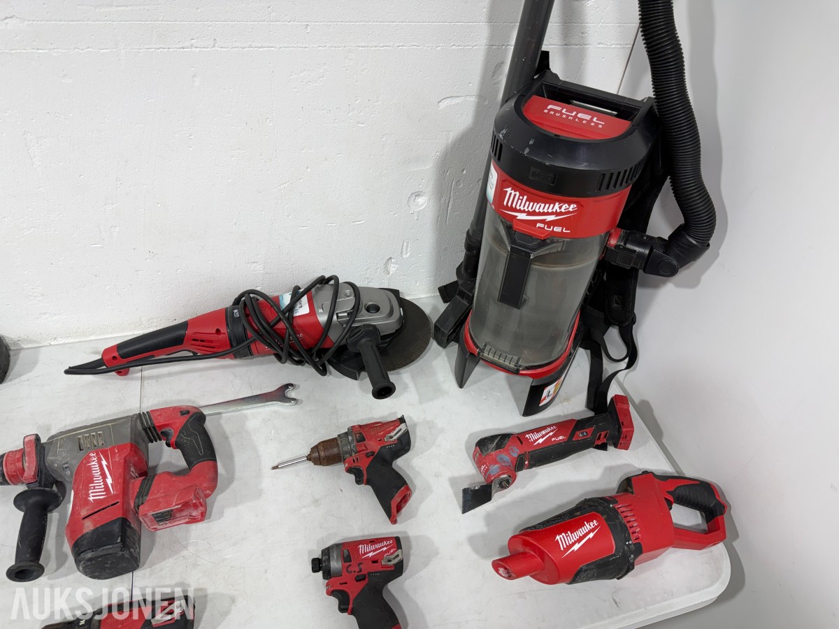 Parti Milwaukee M18/M12 elektroverktøy, støvsugere, batterier og ladere