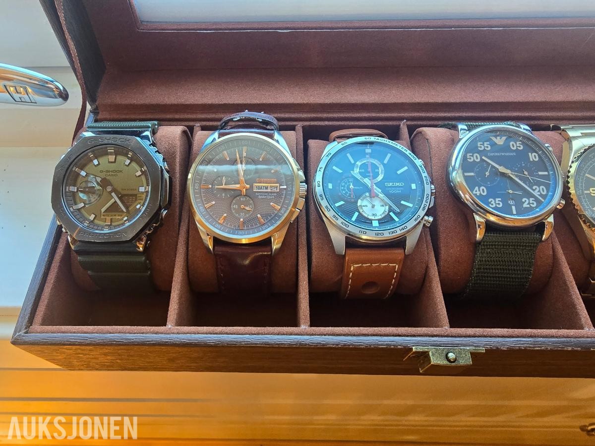6 klokker i boks Seiko, Casio, Citizen