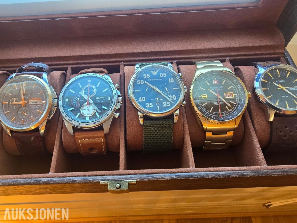 6 klokker i boks Seiko, Casio, Citizen