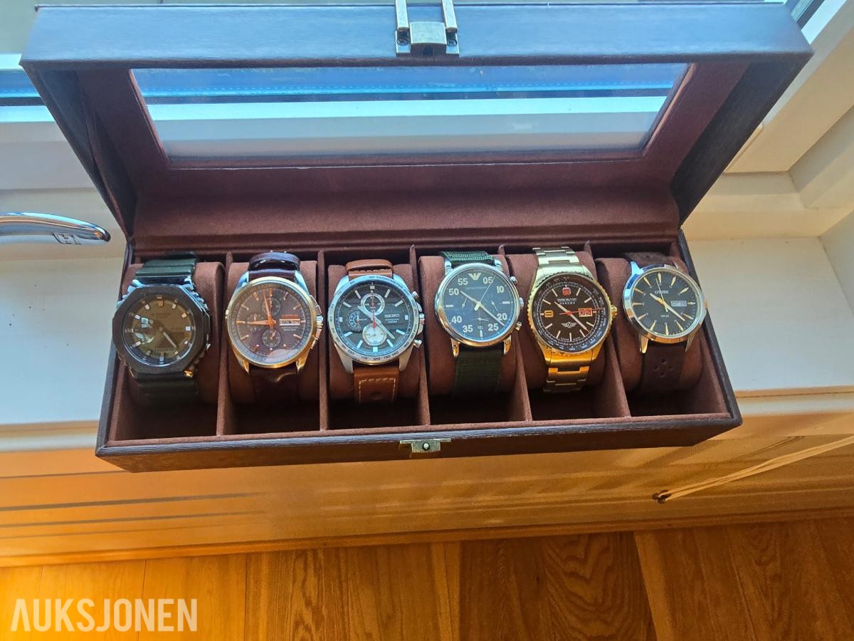 6 klokker i boks Seiko, Casio, Citizen