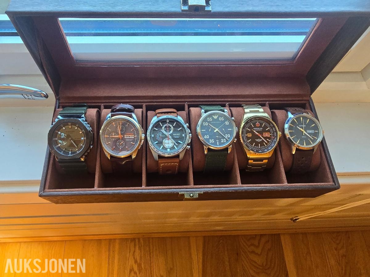 6 klokker i boks Seiko, Casio, Citizen
