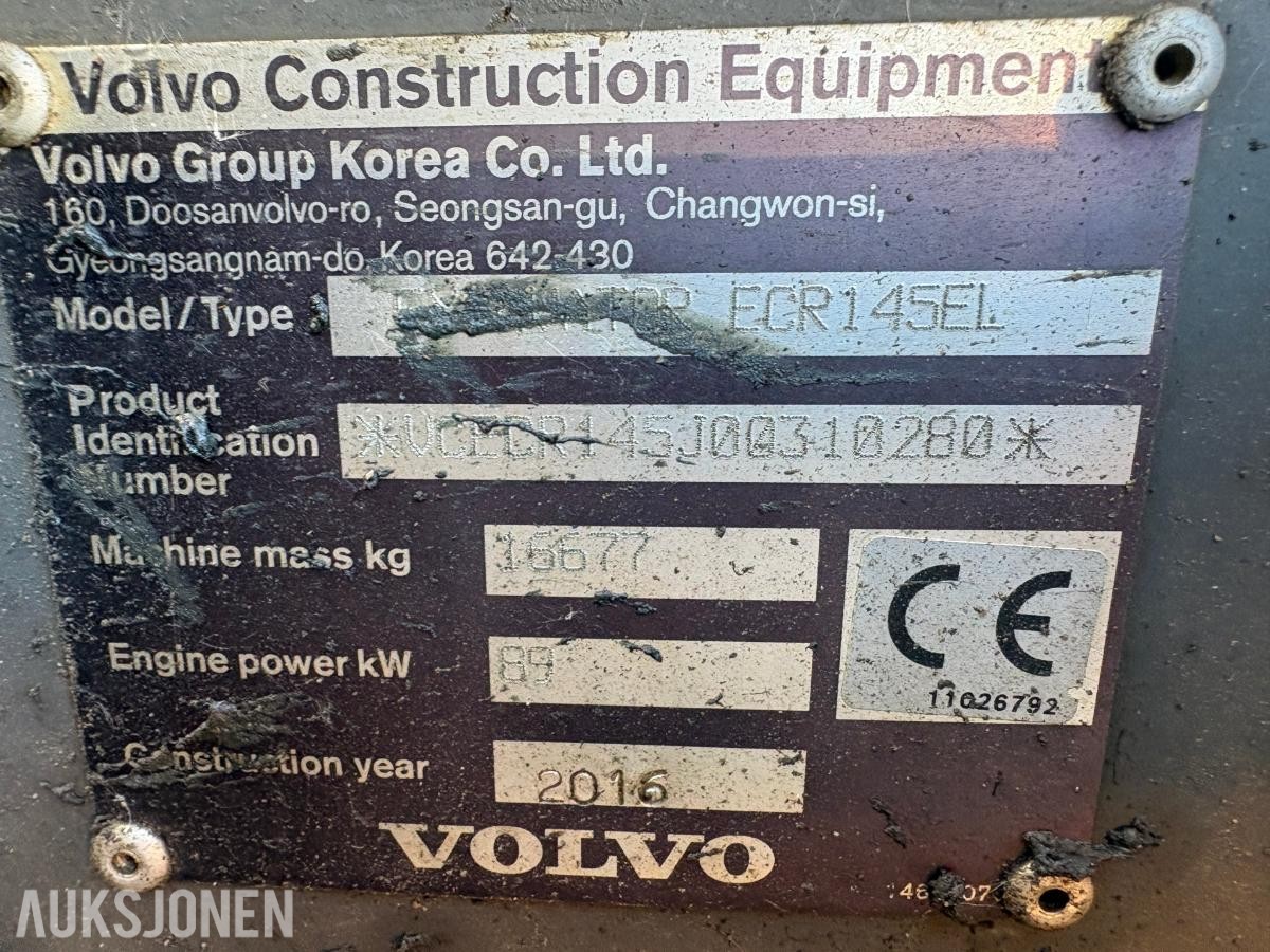 2016 Volvo ECR145EL tilrotator s-60 feste 3-skuffer