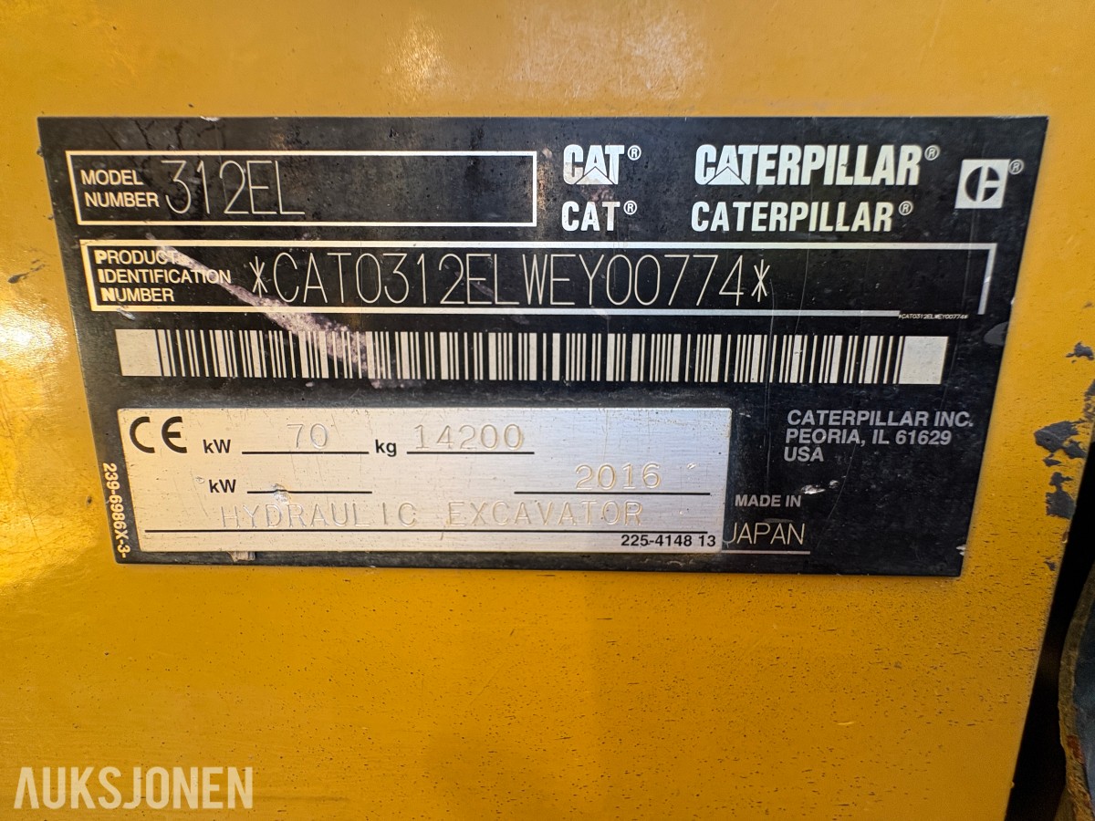 2016 Cat 312EL beltegraver med S60-feste og tiltrotator