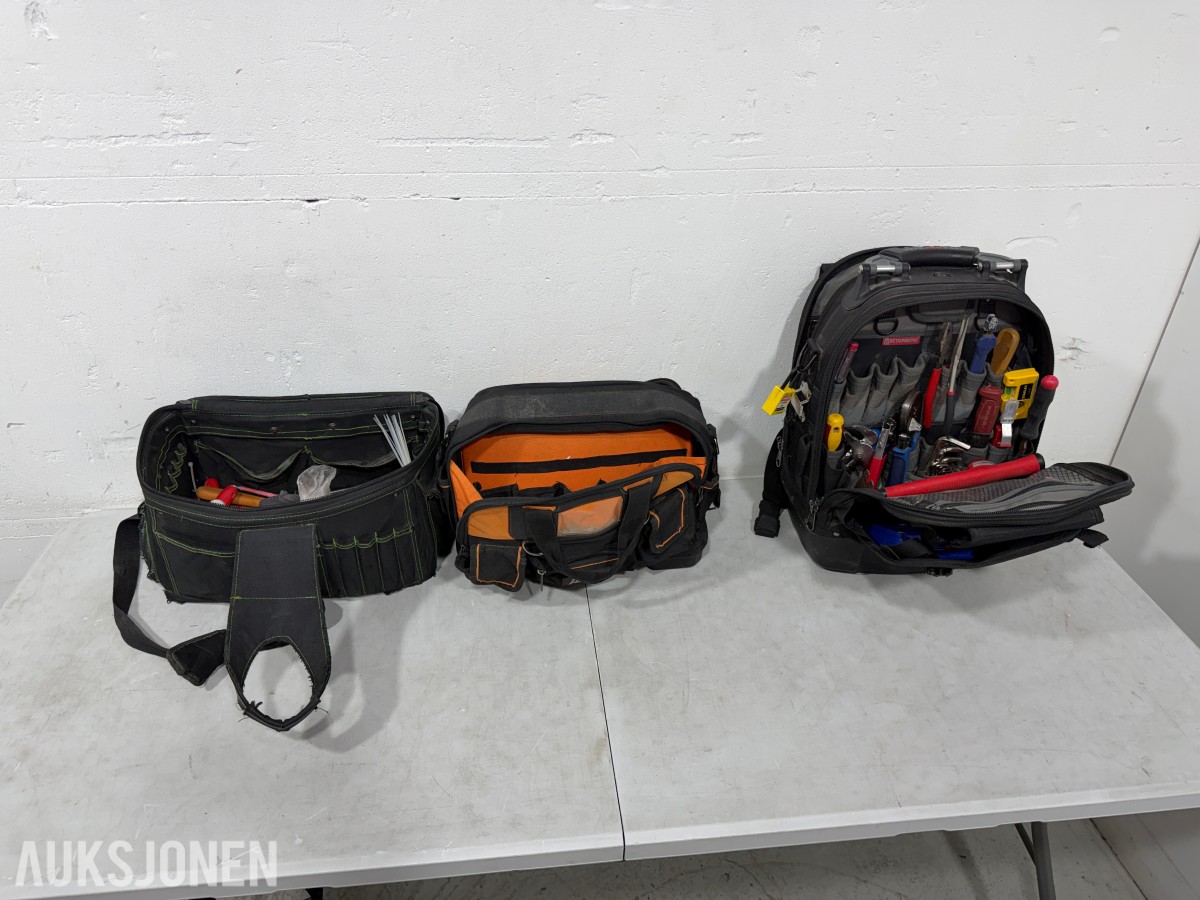 3 verktøybager med VETO PRO PAC TECH PAC og elektrikerverktøy