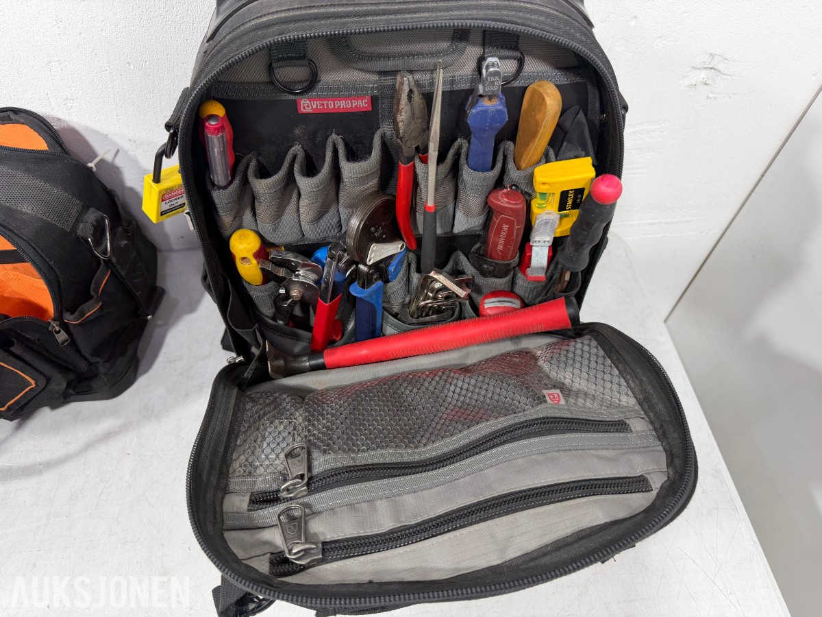 3 verktøybager med VETO PRO PAC TECH PAC og elektrikerverktøy