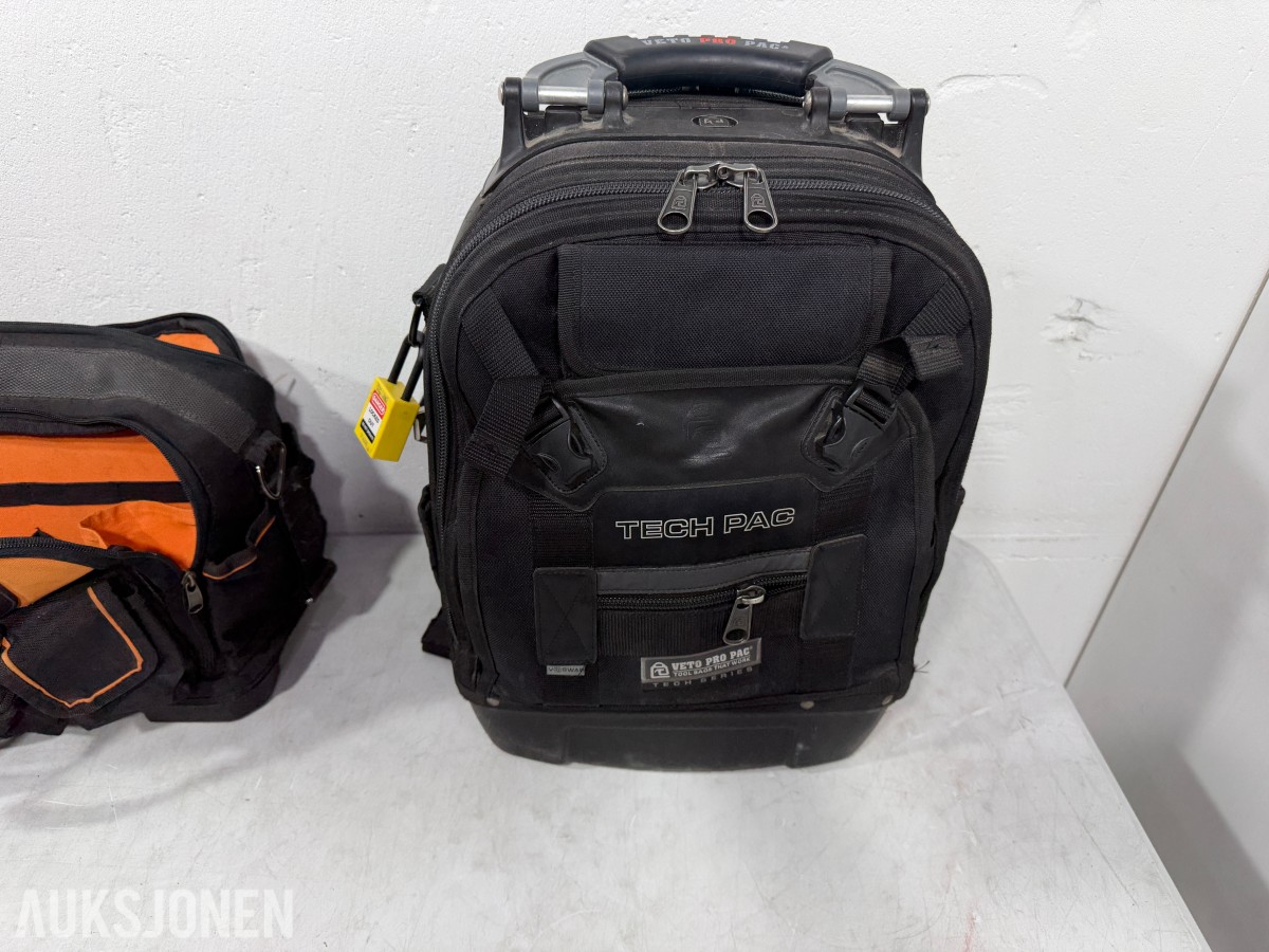 3 verktøybager med VETO PRO PAC TECH PAC og elektrikerverktøy