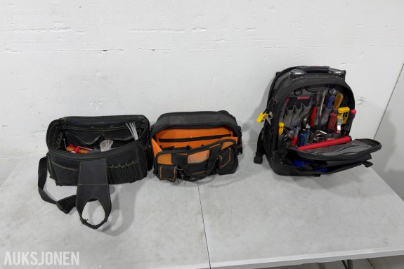 3 verktøybager med VETO PRO PAC TECH PAC og elektrikerverktøy
