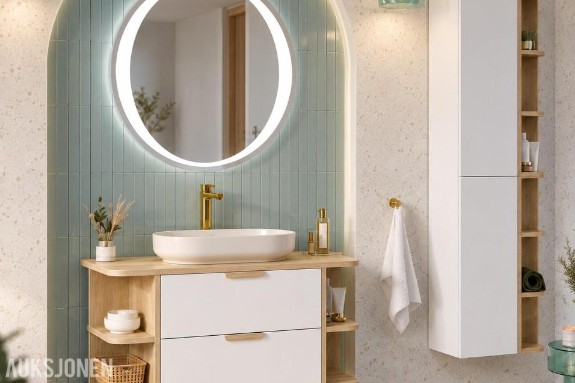 ASTER WHITE / CREMONA 100 cm – komplett baderomspakke med Ivory-servant, gullarmatur, LED-speil ASTER WHITE