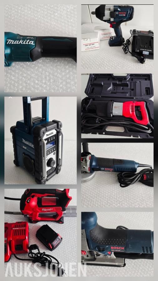 Mange profesjonelle verktøy Makita/Bosch / Milwaukee, muttertrekker, vinkelsliper, stikksag