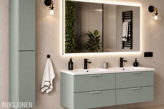 ASTER GREEN 120 cm – komplett baderomssett med dobbel servant, Gun Metal-armaturer, ALICE LED-speil  ASTER GREEN 
