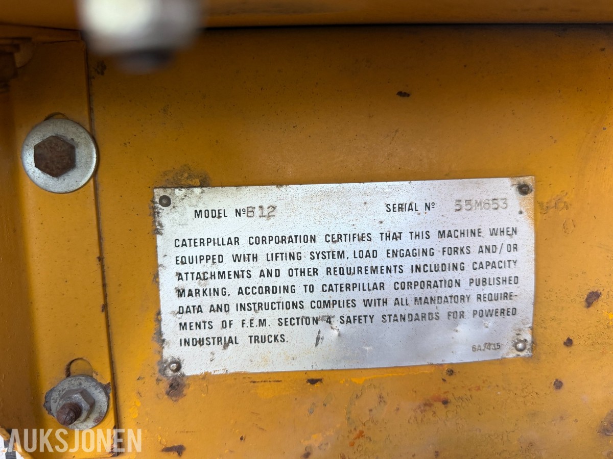 1974 Caterpillar B12 gaffeltruck, 5,4 tonn, lange gafler