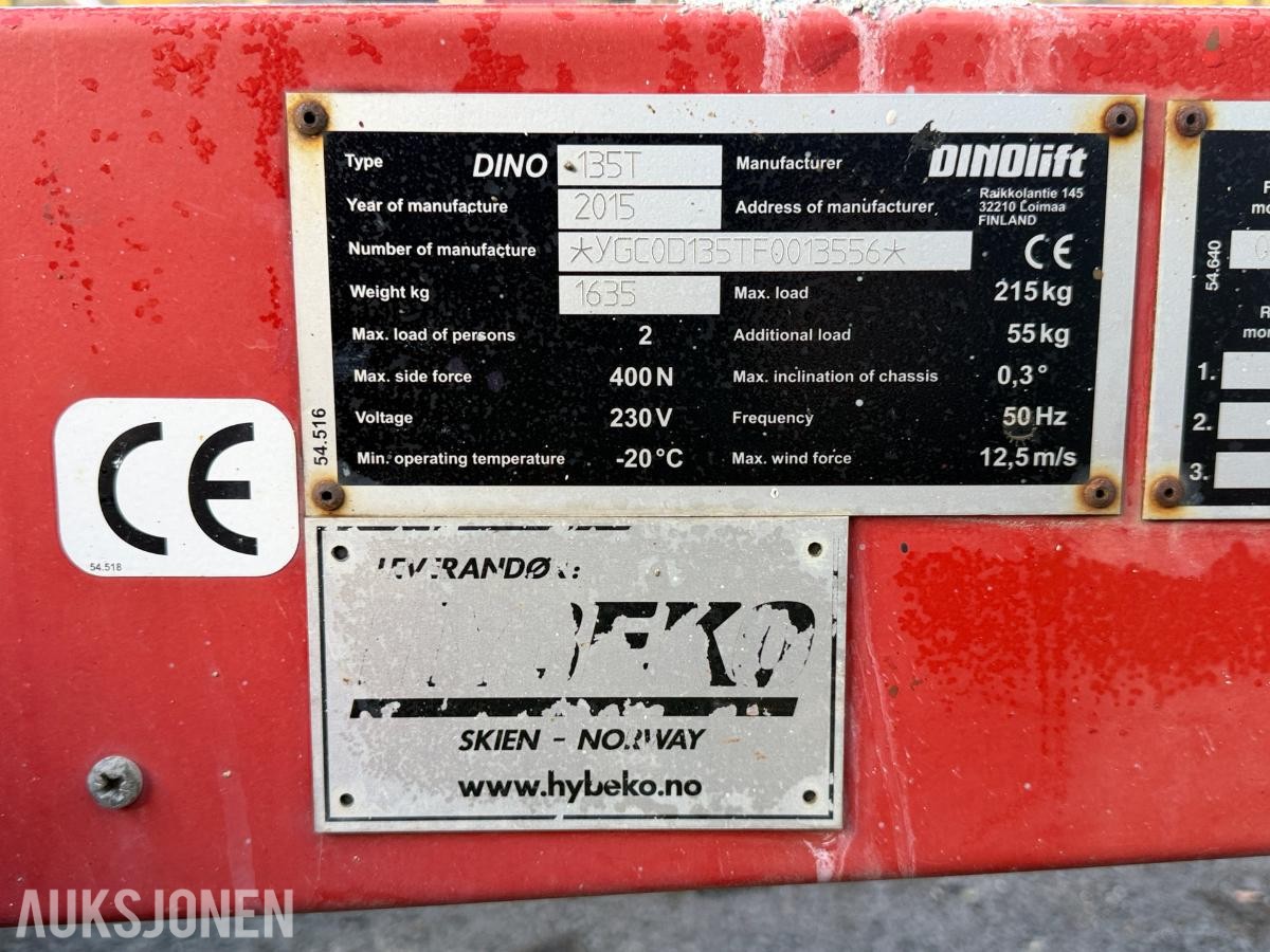 2015 Dino 135T tilhengerlift med 13,5 meter arbeidshøyde