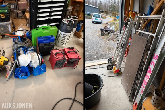 Stor verktøypakke - Kompressor og div. luftverktøy, stillas, varmeovner, Dewalt kapp/gjæresag m.m,.